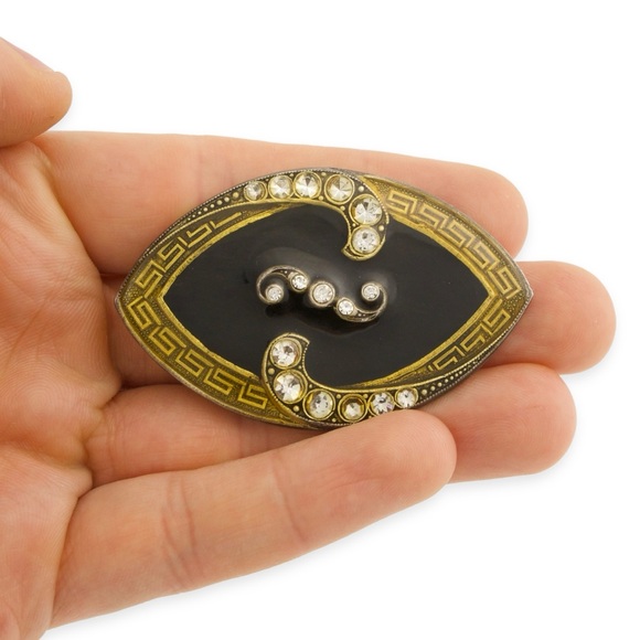 Vintage Catherine Popesco France Brooch Pin Black Enamel Rhinestone Greek Key - Picture 3 of 6